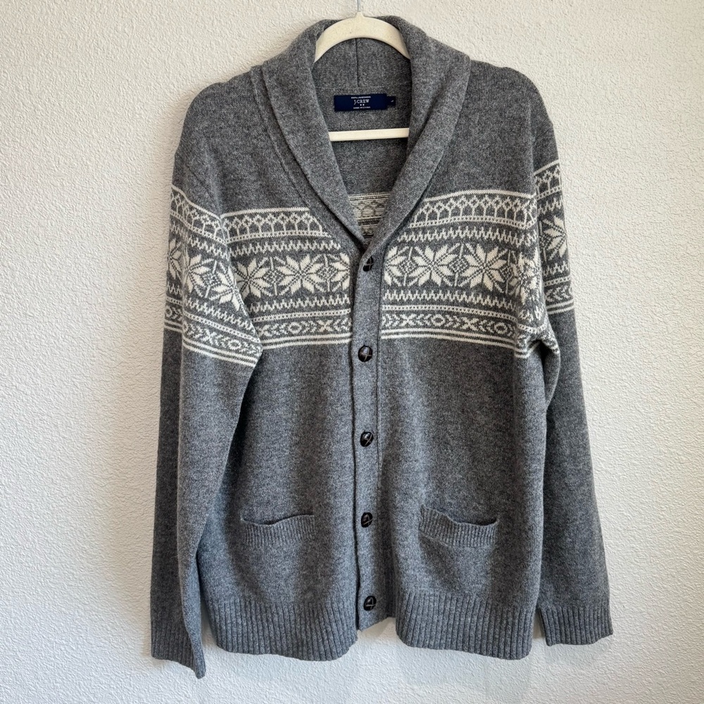 J Crew Men's L 100% Lambswool Cardigan Pocket‎ Shawl Collar Bookshop Fair Isles